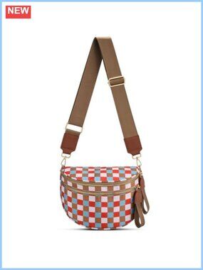 Nylon Checkered Crossbody Bum Bag Expandable Fanny Pack Wide Strap